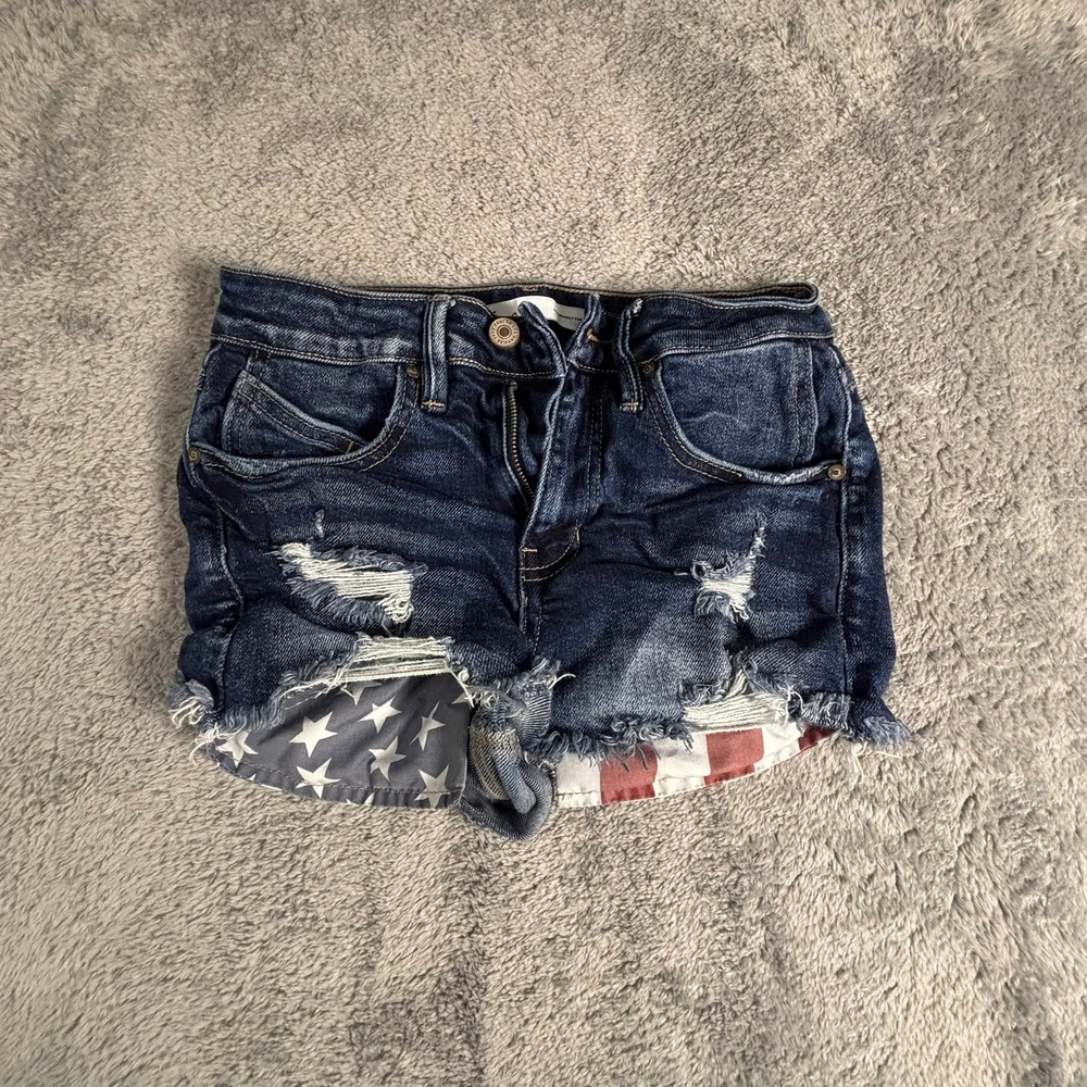 KanCan Maurices Distressed American Flag Denim Shorts Dark Wash Sz 24 145442